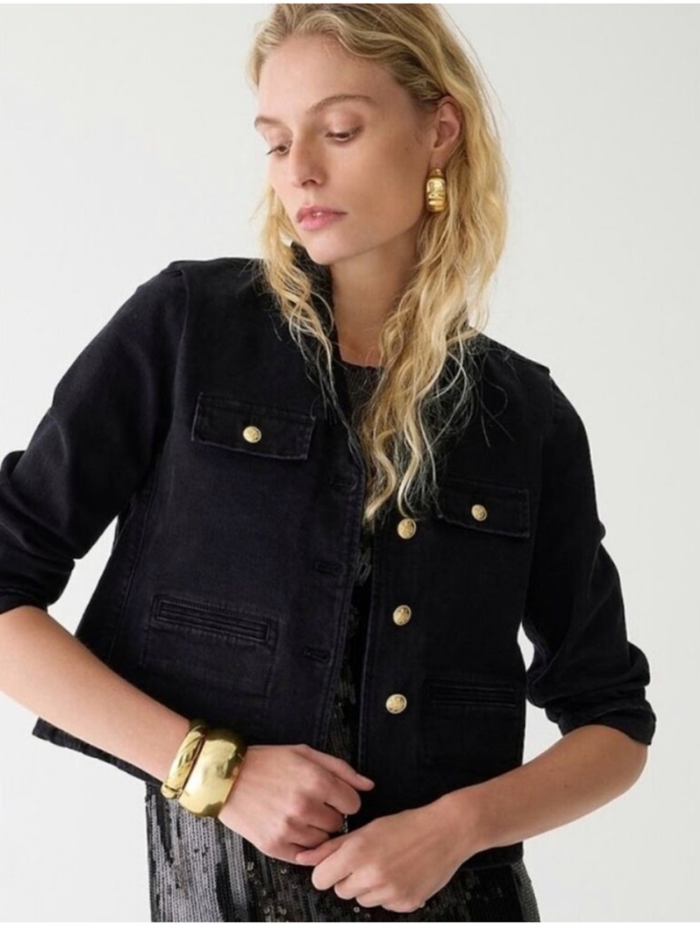 J.Crew Washed Black Denim Blazer Elevated Jean Jacket Gold Buttons Stretch 4